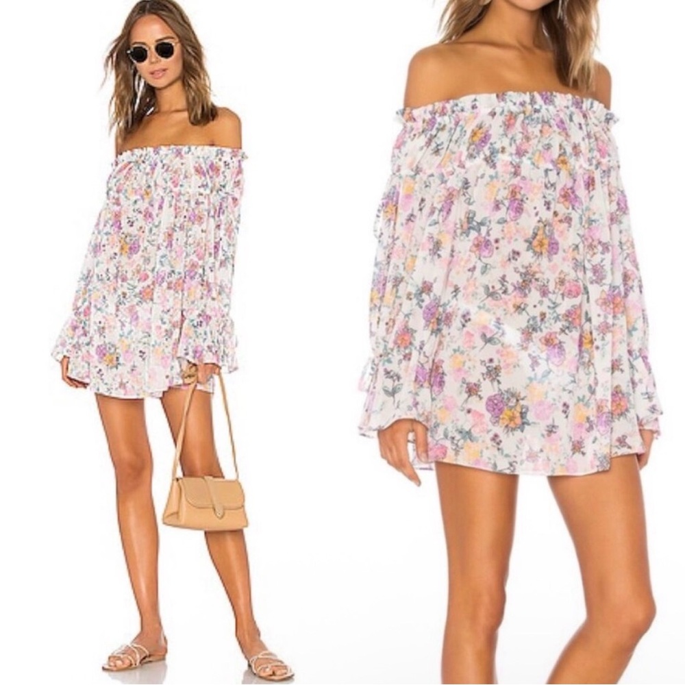 Tularosa Pink Floral Brogan Mini Dress Off Shoulder Tunic Top Flowy Oversized